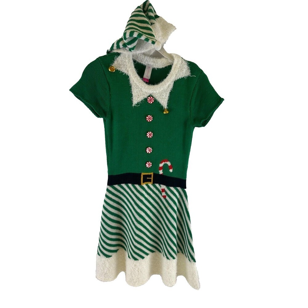 NOBO No Boundaries Christmas Sweater Dress Elf Hat Striped Green Candy Cane Sml